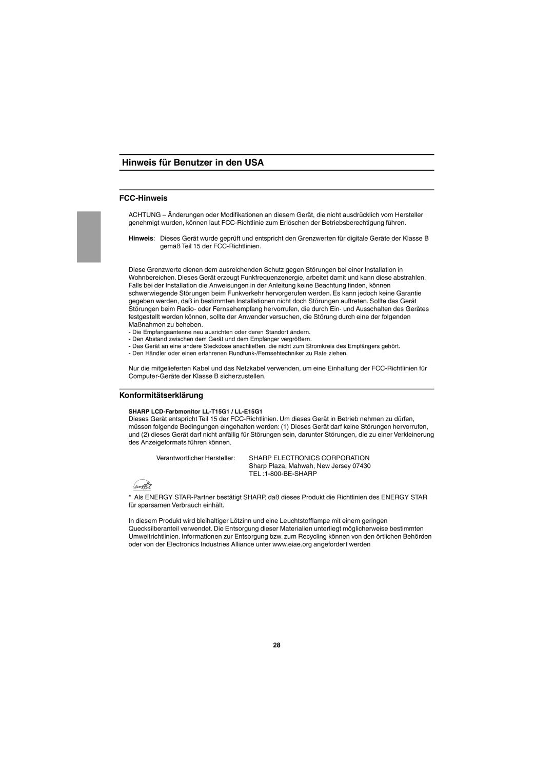 Sharp LL-T15G1, LL-E15G1 operation manual Hinweis für Benutzer in den USA, FCC-Hinweis, Konformitätserklärung 