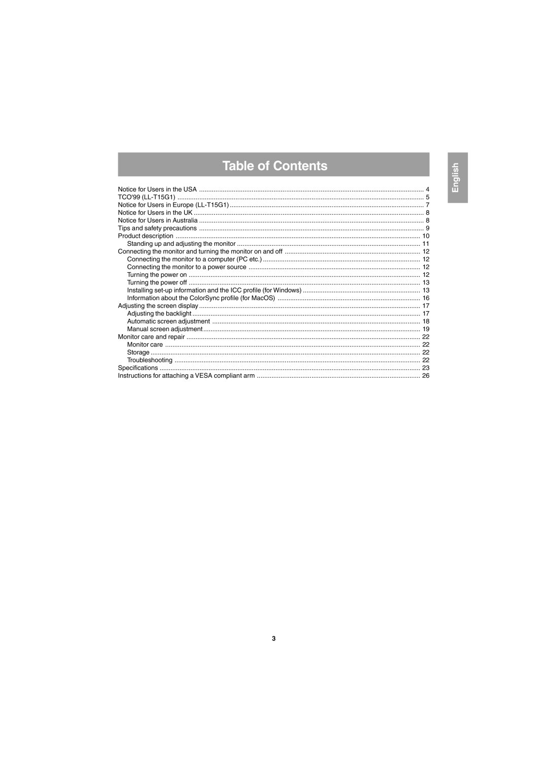 Sharp LL-E15G1, LL-T15G1 operation manual Table of Contents 