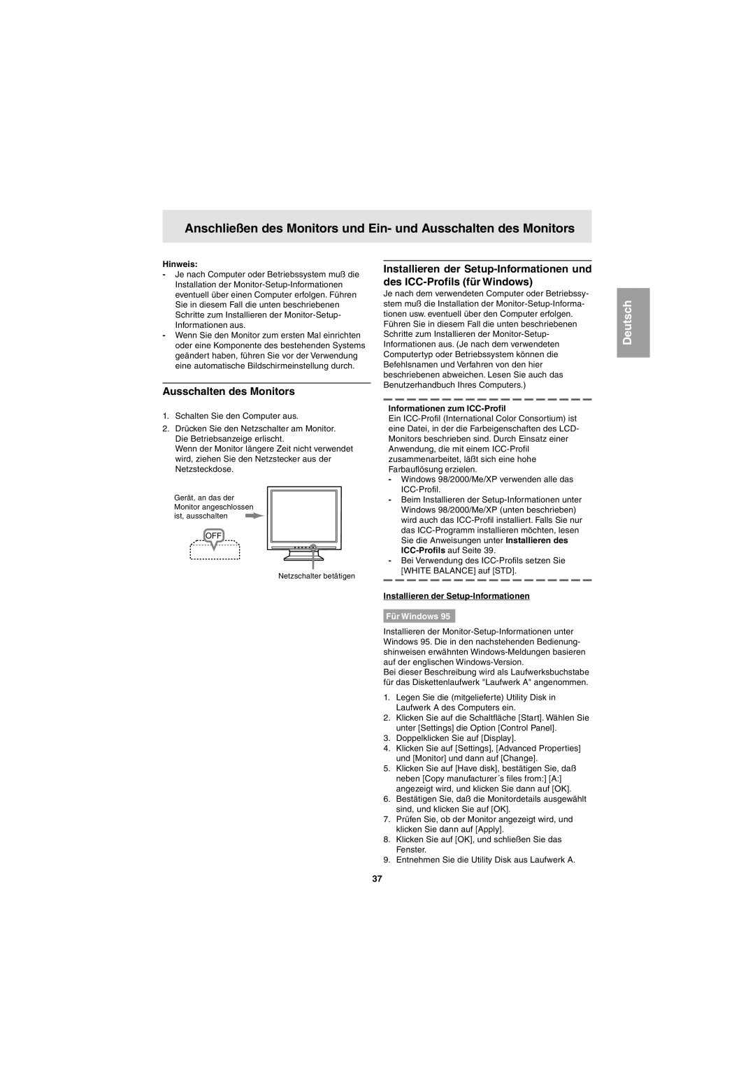 Sharp LL-E15G1 Ausschalten des Monitors, Informationen zum ICC-Profil, Installieren der Setup-Informationen, Für Windows 