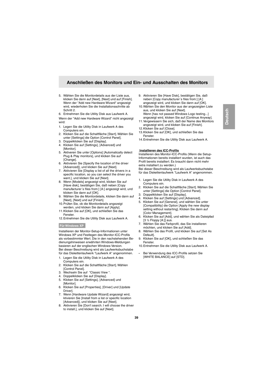 Sharp LL-E15G1, LL-T15G1 operation manual Für Windows XP, Installieren des ICC-Profils 