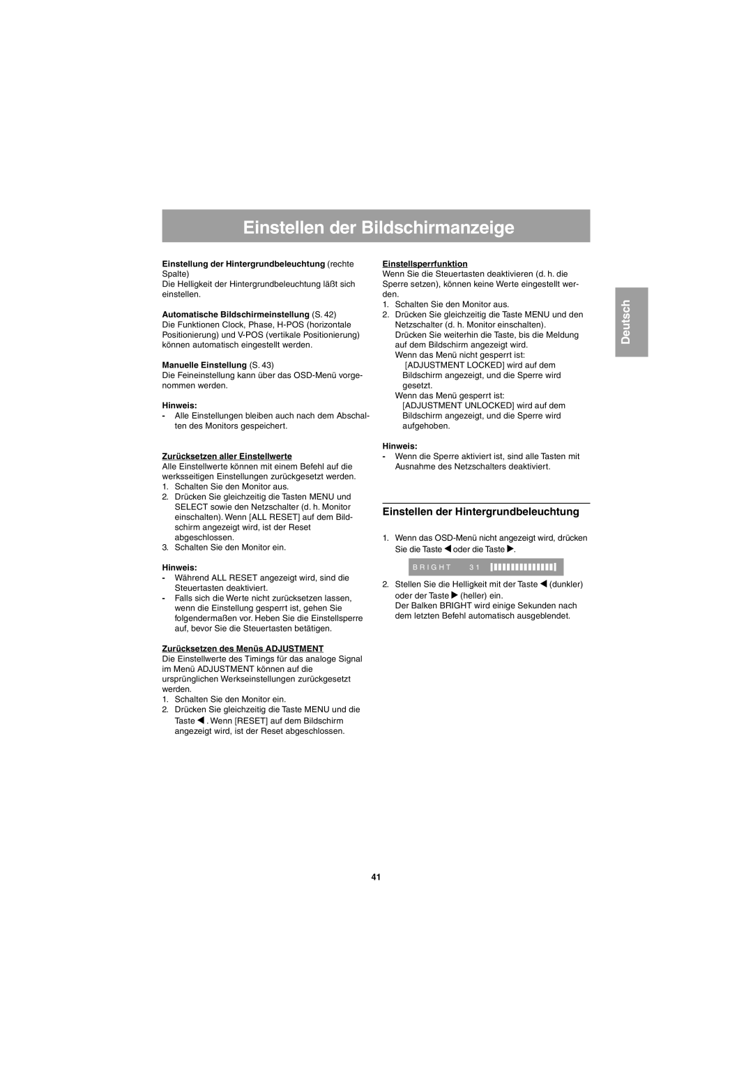 Sharp LL-E15G1, LL-T15G1 operation manual Einstellen der Bildschirmanzeige, Einstellen der Hintergrundbeleuchtung 