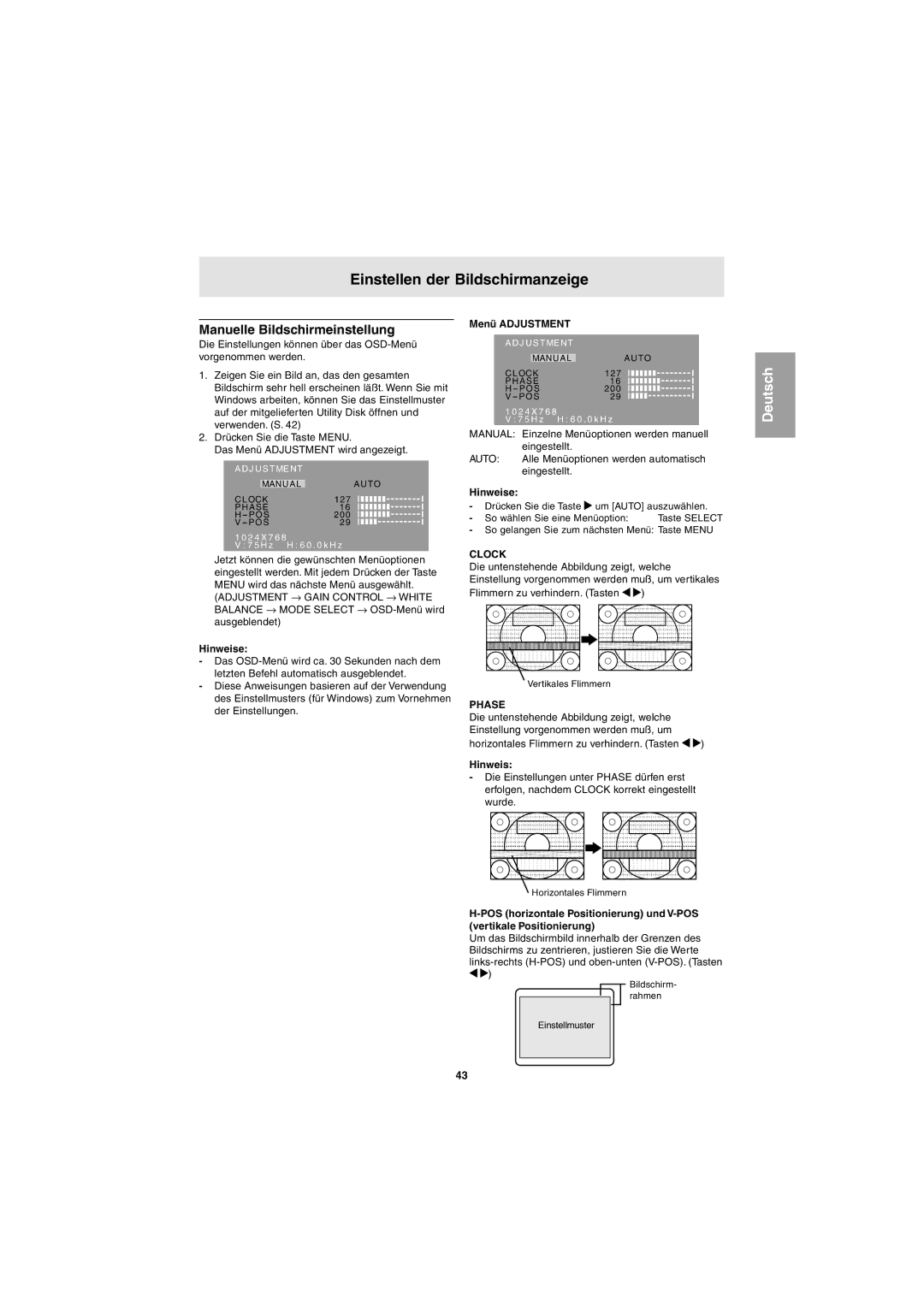 Sharp LL-E15G1, LL-T15G1 operation manual Manuelle Bildschirmeinstellung, Menü Adjustment 