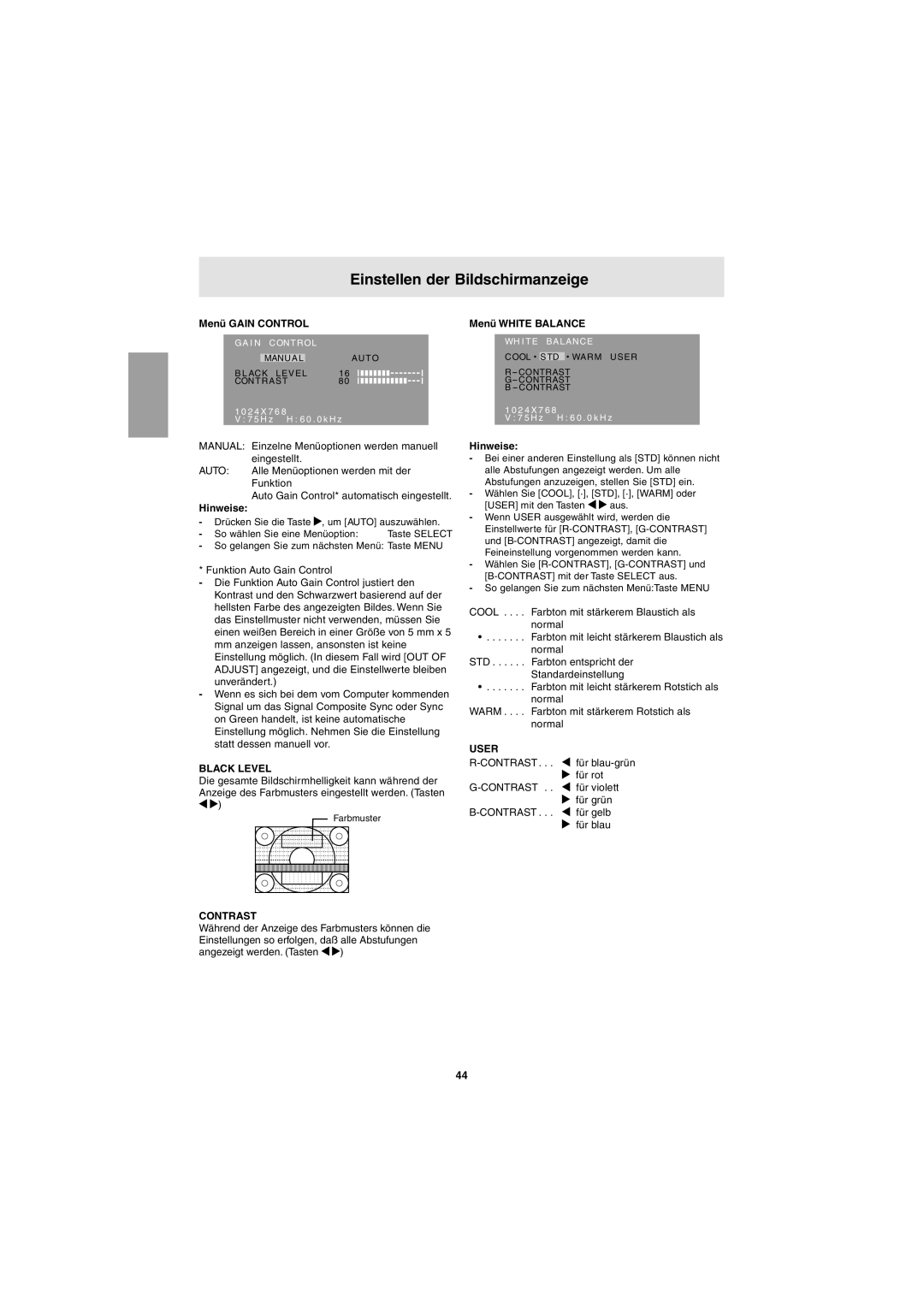 Sharp LL-T15G1, LL-E15G1 operation manual Menü Gain Control, Menü White Balance 