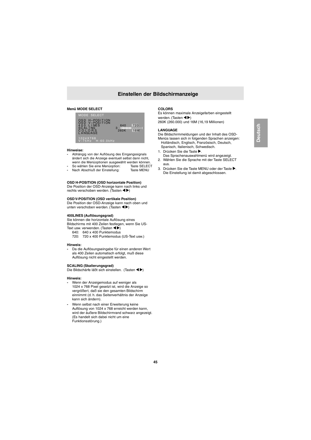 Sharp LL-E15G1 Menü Mode Select, OSD V-POSITION OSD vertikale Position, 400LINES Auflösungsgrad, Scaling Skalierungsgrad 