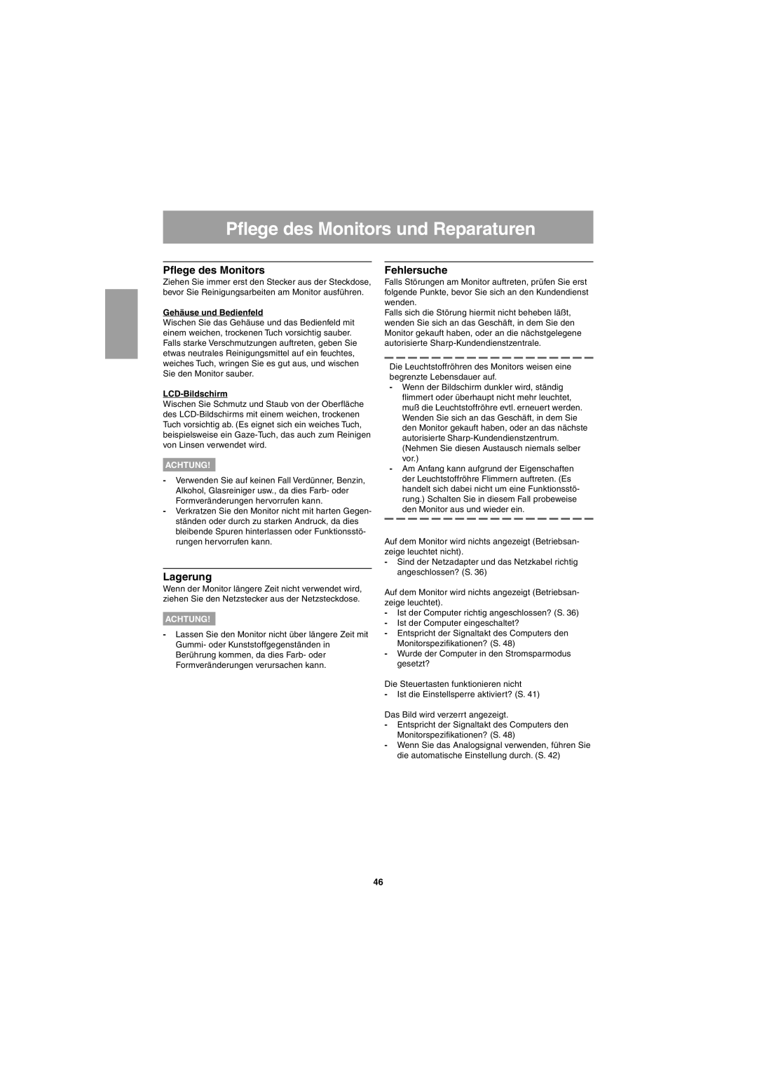 Sharp LL-T15G1, LL-E15G1 operation manual Pflege des Monitors und Reparaturen, Lagerung, Fehlersuche 