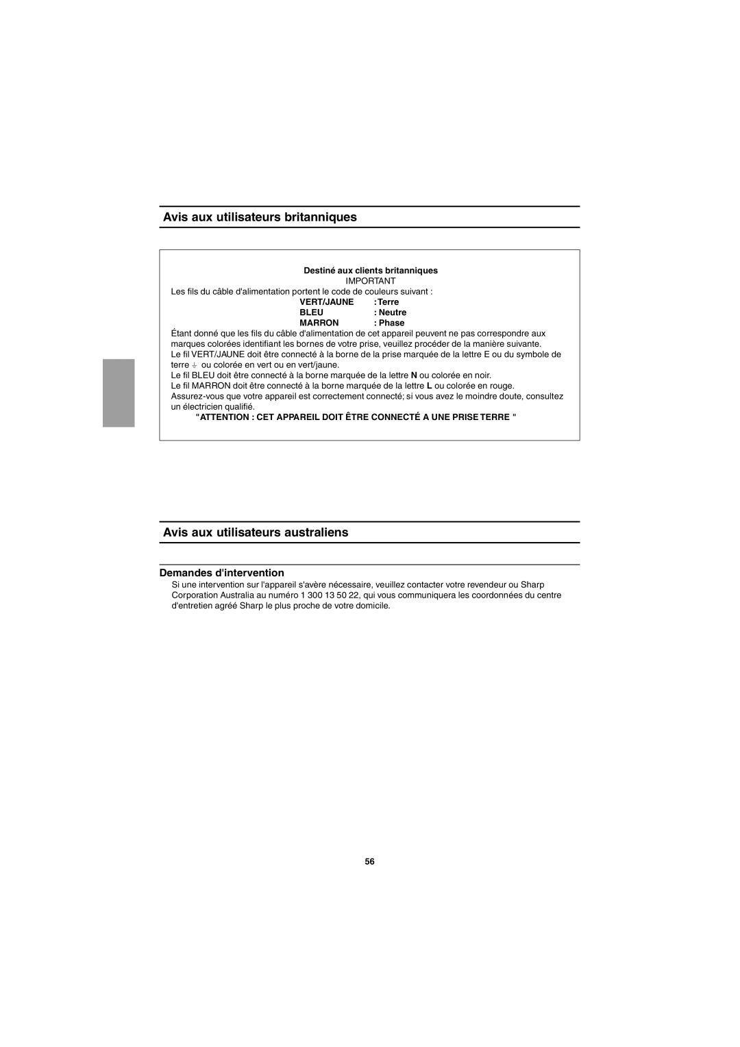 Sharp LL-T15G1, LL-E15G1 Avis aux utilisateurs britanniques, Avis aux utilisateurs australiens, Demandes dintervention 