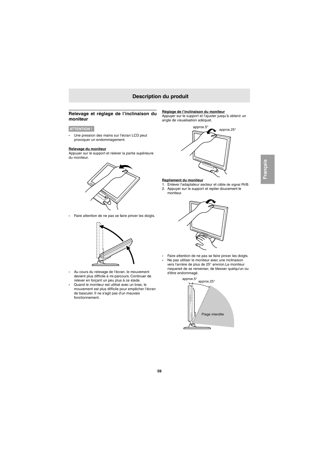 Sharp LL-E15G1, LL-T15G1 Description du produit, Relevage et réglage de l’inclinaison du moniteur, Relevage du moniteur 