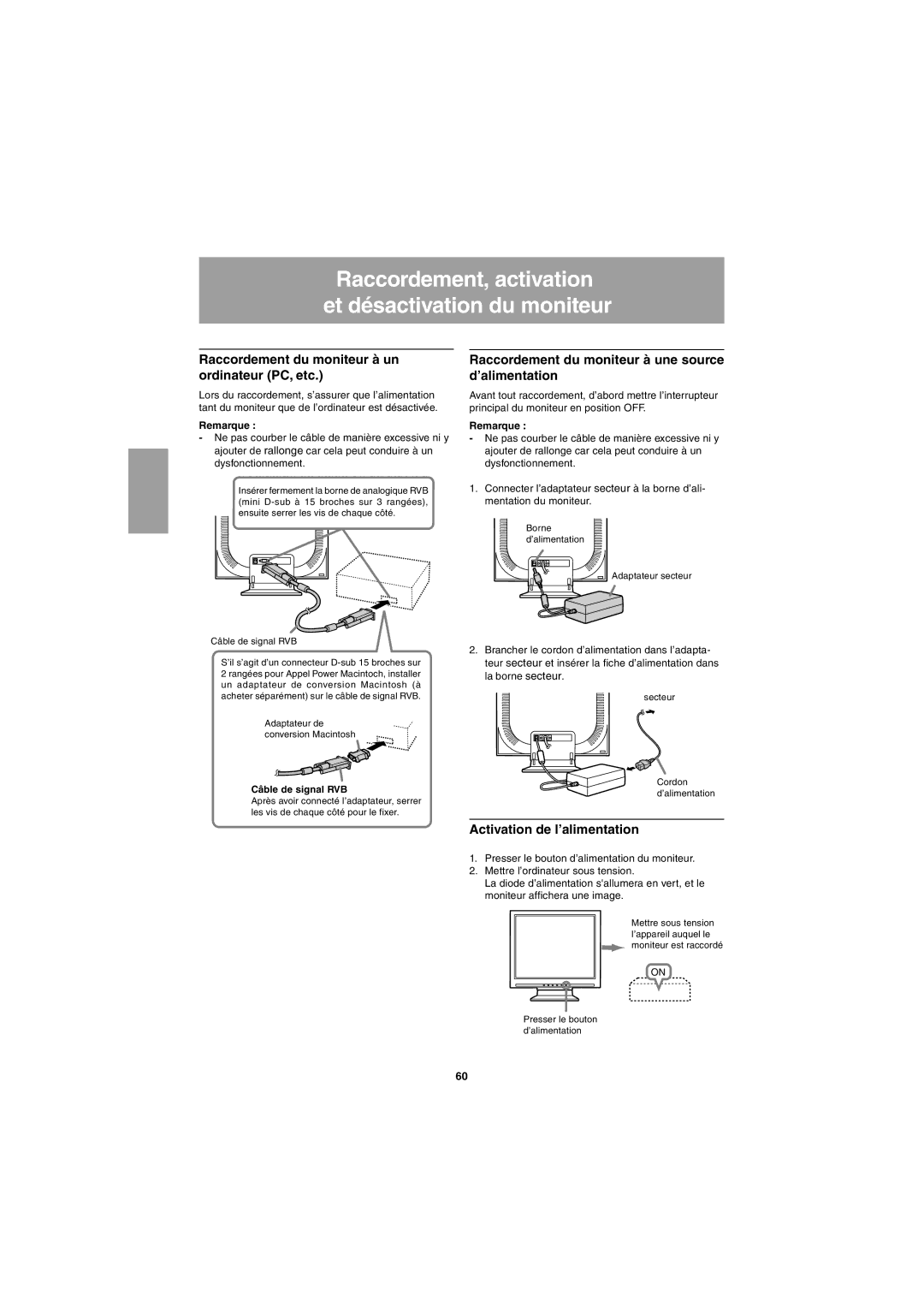 Sharp LL-T15G1 Raccordement du moniteur à un ordinateur PC, etc, Raccordement du moniteur à une source d’alimentation 