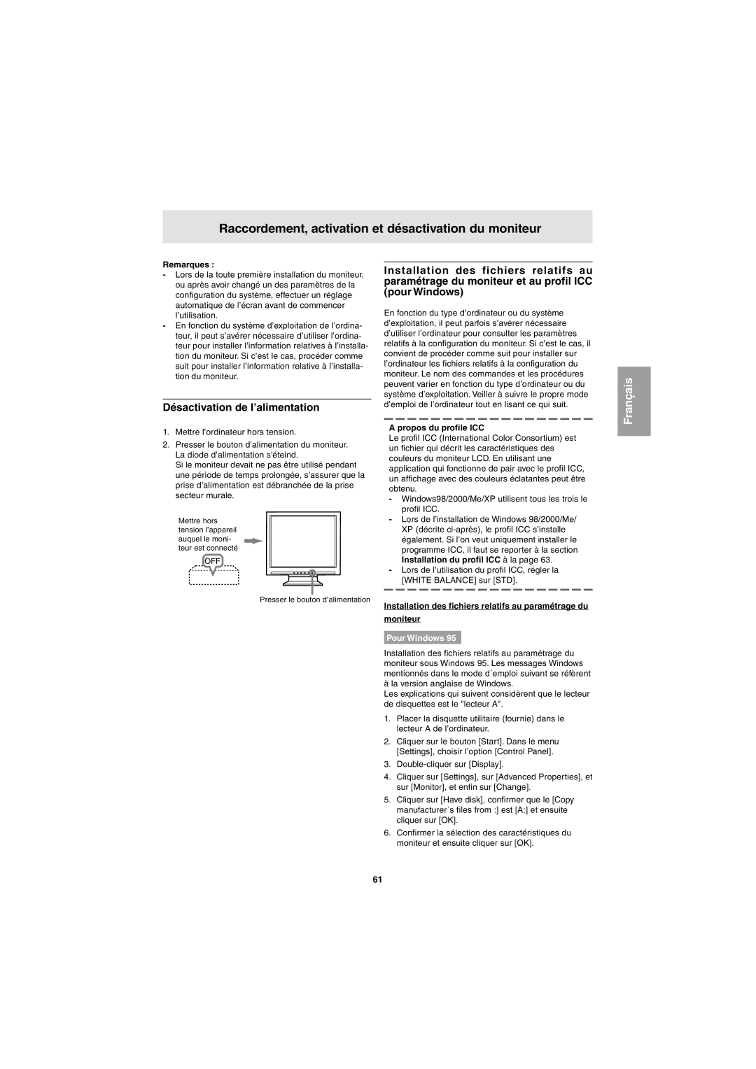 Sharp LL-E15G1 Raccordement, activation et désactivation du moniteur, Désactivation de l’alimentation, Pour Windows 