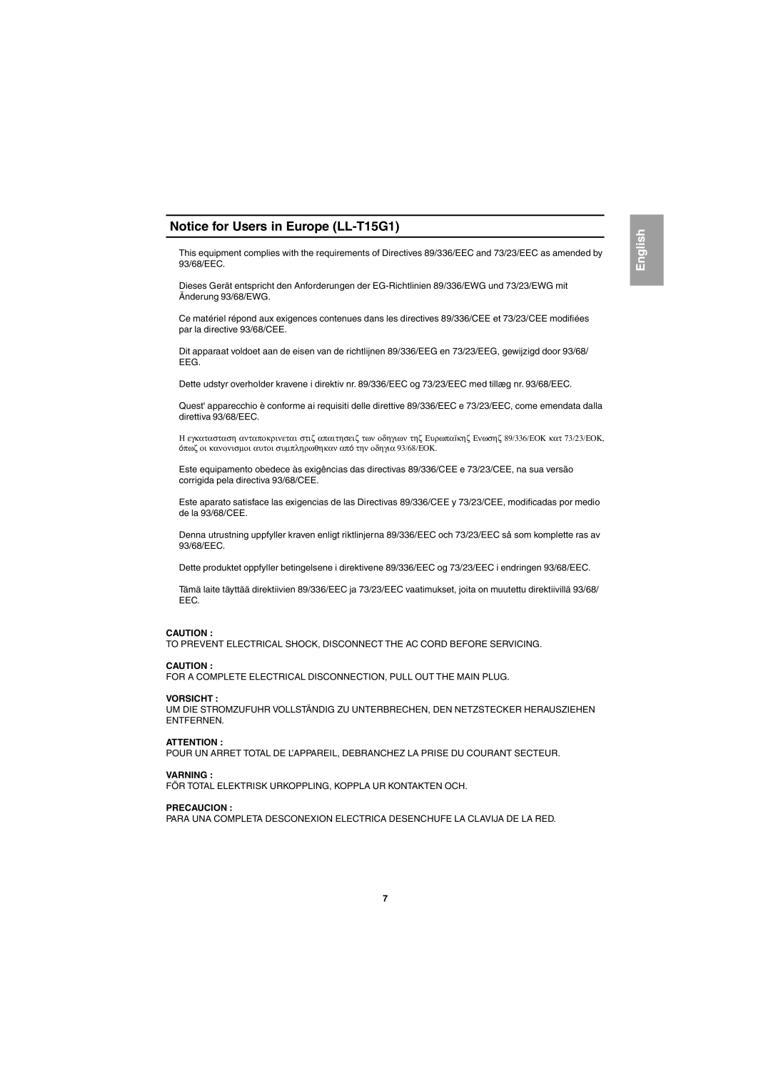 Sharp LL-E15G1, LL-T15G1 operation manual Vorsicht, Varning, Precaucion 