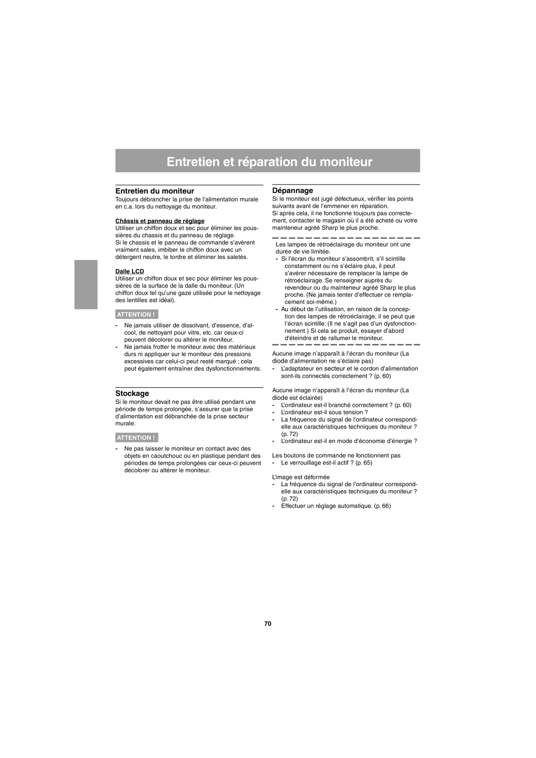 Sharp LL-T15G1, LL-E15G1 operation manual Entretien et réparation du moniteur, Entretien du moniteur, Stockage, Dépannage 