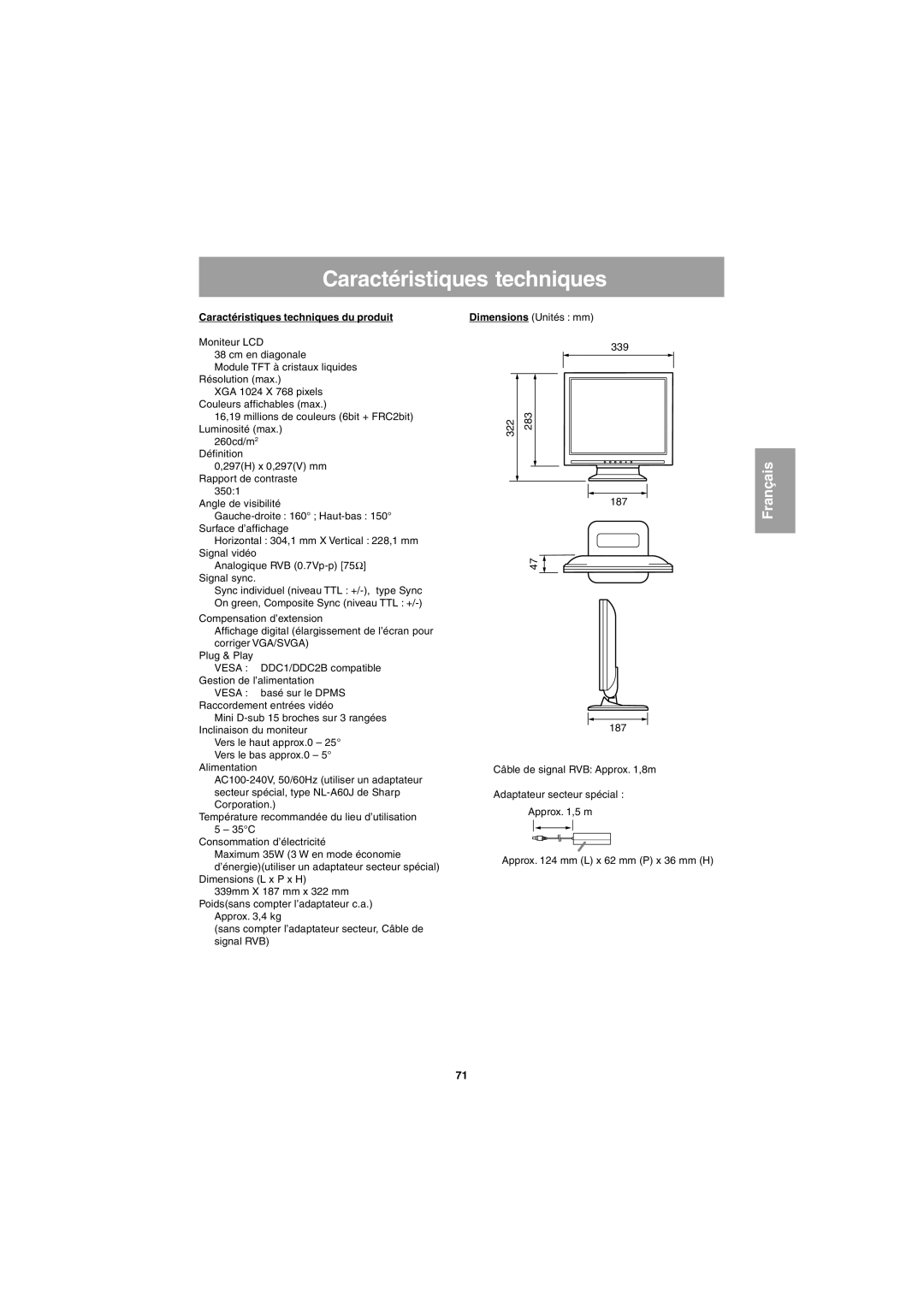 Sharp LL-E15G1, LL-T15G1 operation manual Caractéristiques techniques du produit 