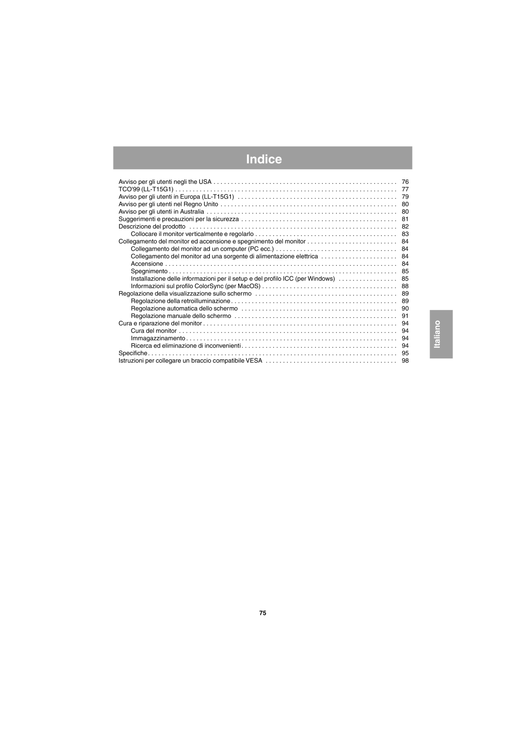 Sharp LL-E15G1, LL-T15G1 operation manual Indice 