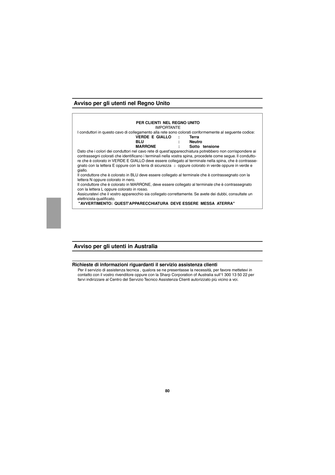 Sharp LL-T15G1, LL-E15G1 operation manual Avviso per gli utenti nel Regno Unito, Avviso per gli utenti in Australia 