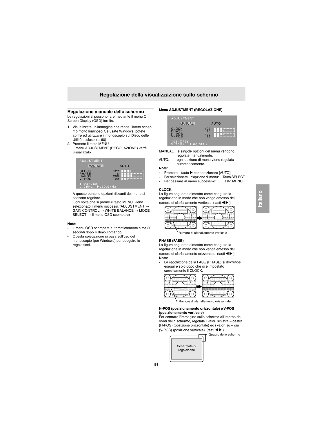 Sharp LL-E15G1, LL-T15G1 operation manual Regolazione manuale dello schermo, Menu Adjustment Regolazione, Phase Fase 