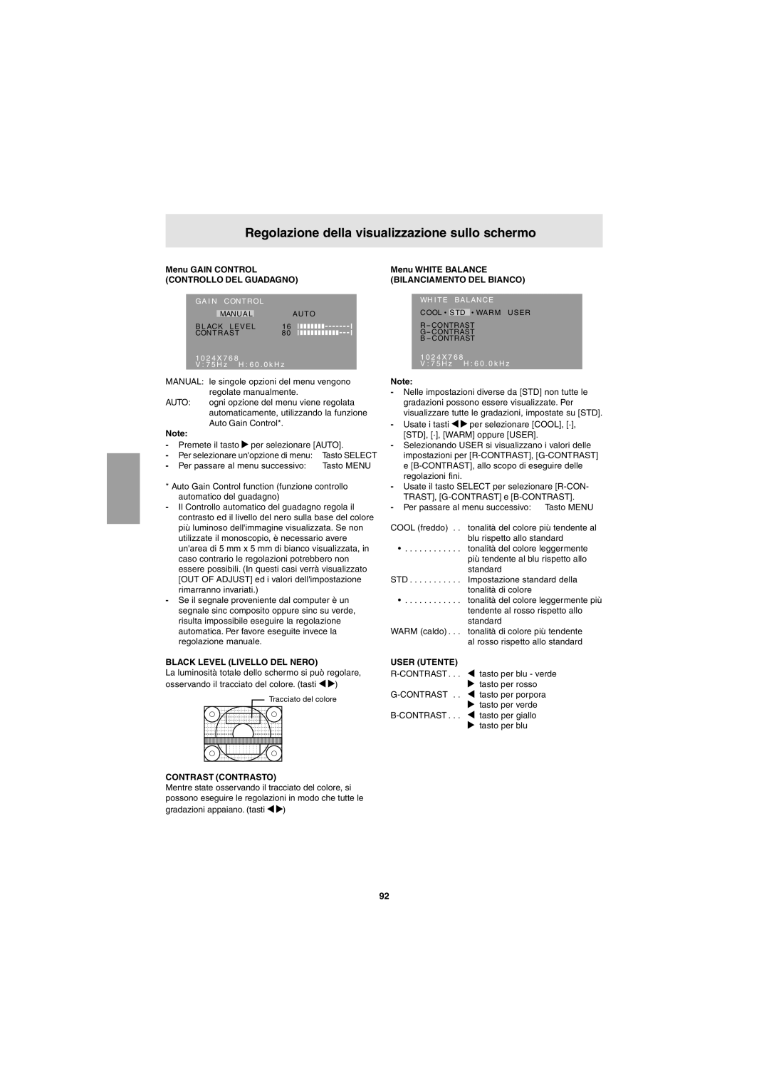 Sharp LL-T15G1 Menu Gain Control Controllo DEL Guadagno, Black Level Livello DEL Nero, Contrast Contrasto, User Utente 