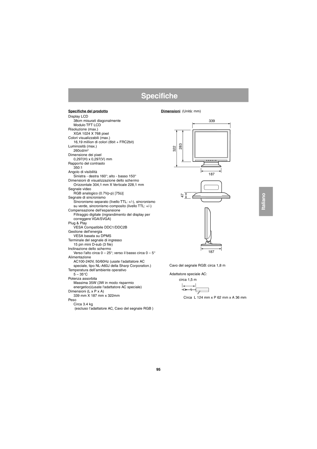 Sharp LL-E15G1, LL-T15G1 operation manual Specifiche del prodotto 