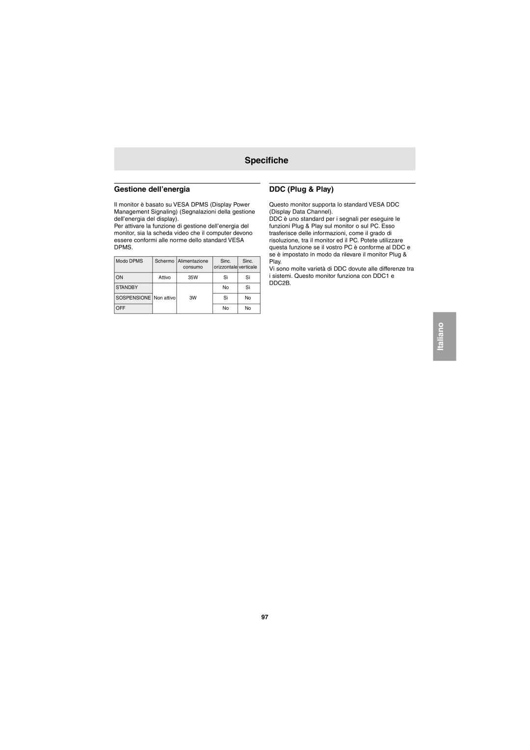 Sharp LL-E15G1, LL-T15G1 operation manual Gestione dell’energia, DDC Plug & Play 