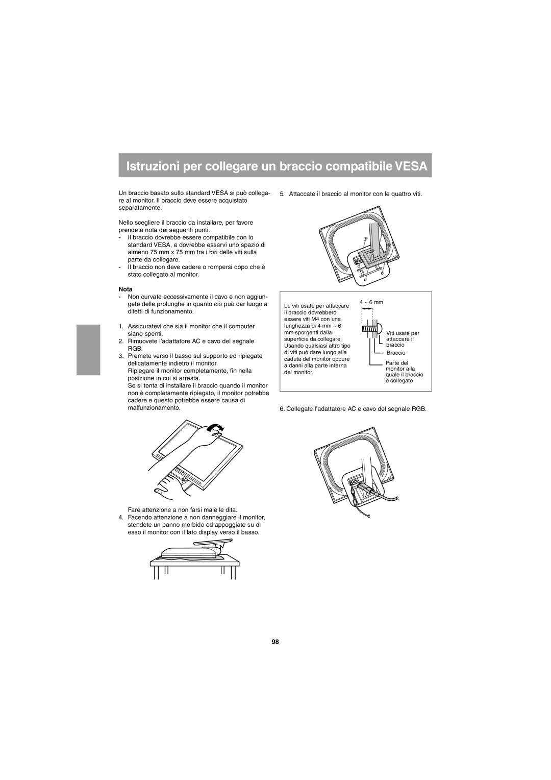 Sharp LL-T15G1, LL-E15G1 operation manual Istruzioni per collegare un braccio compatibile Vesa 