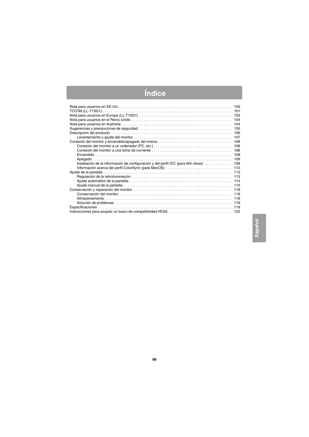 Sharp LL-E15G1, LL-T15G1 operation manual Índice 