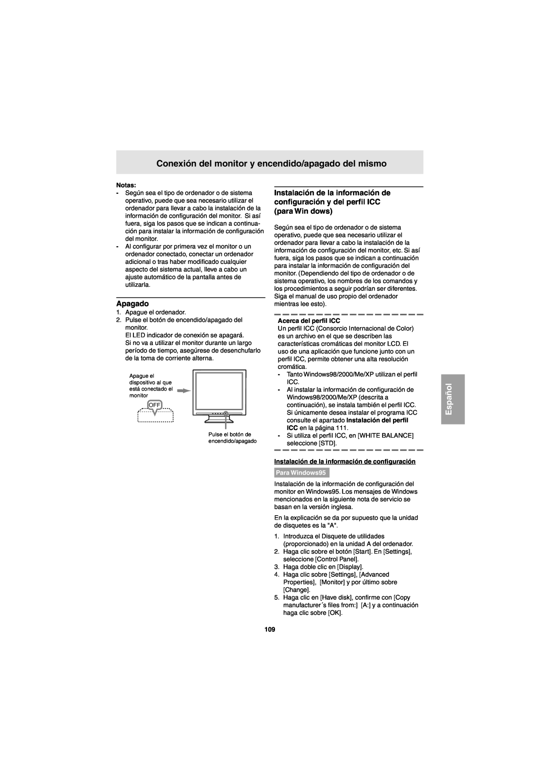 Sharp LL-E15G1 Conexión del monitor y encendido/apagado del mismo, Apagado, Acerca del perfil ICC, Para Windows95, Español 