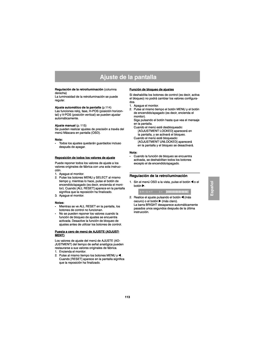 Sharp LL-E15G1 Ajuste de la pantalla, Regulación de la retroiluminación columna derecha, Ajuste manual p, Español 