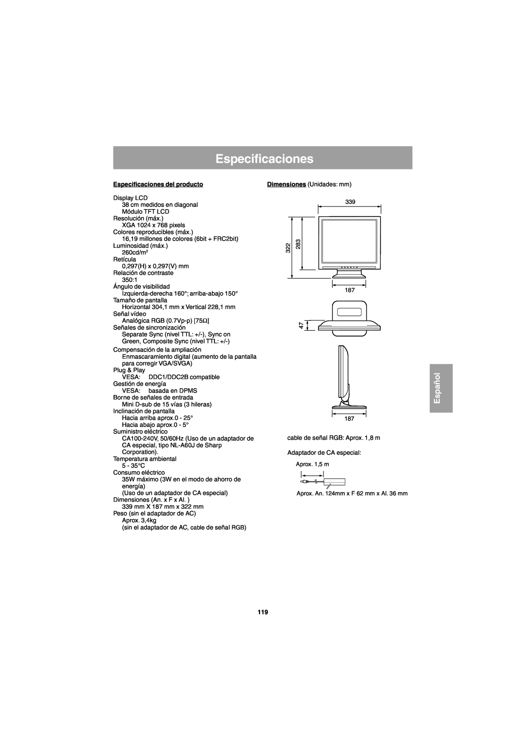Sharp LL-E15G1, LL-T15G1 operation manual Especificaciones del producto, Español 