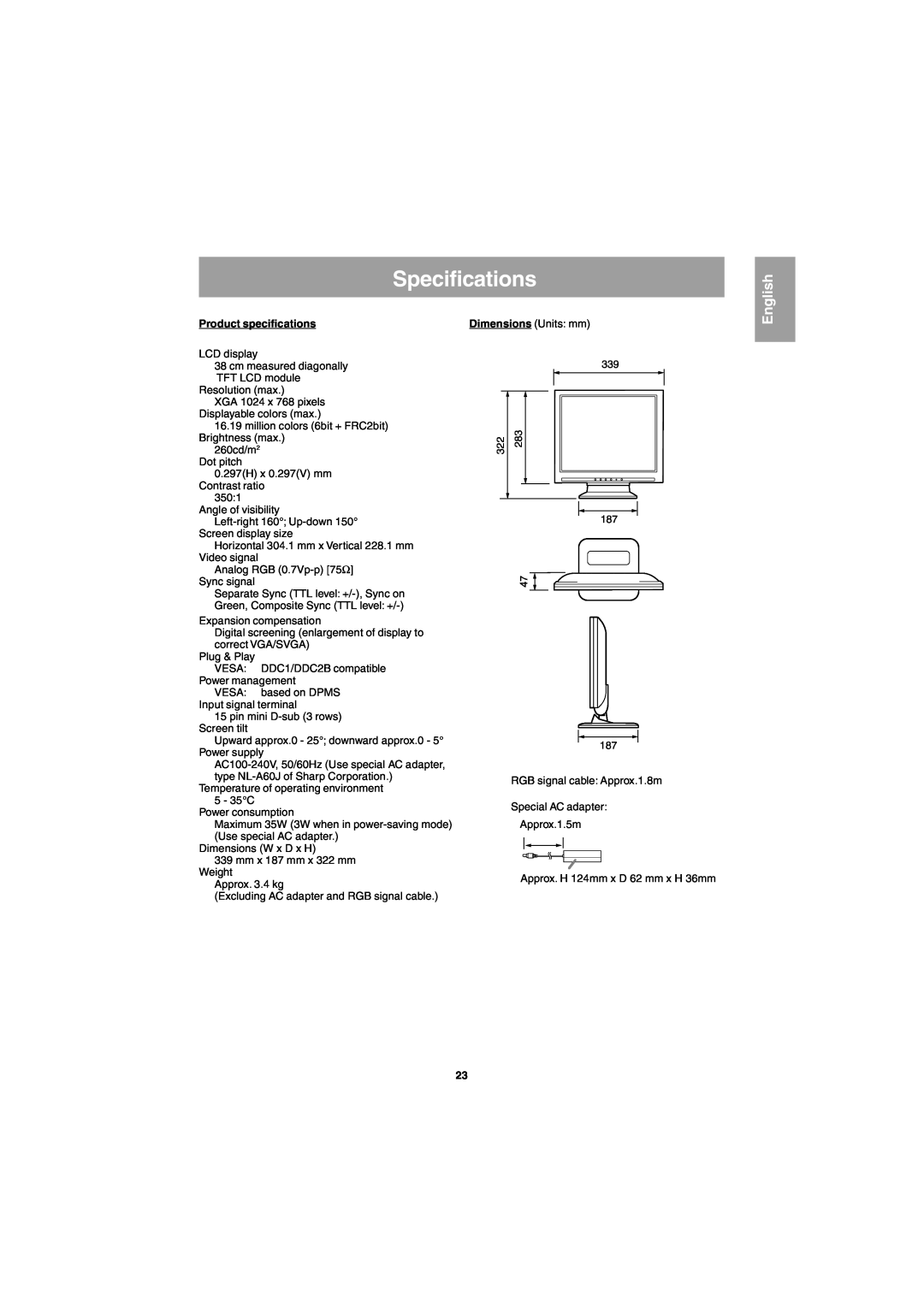 Sharp LL-E15G1, LL-T15G1 operation manual Specifications, Product specifications, Dimensions Units mm, English 
