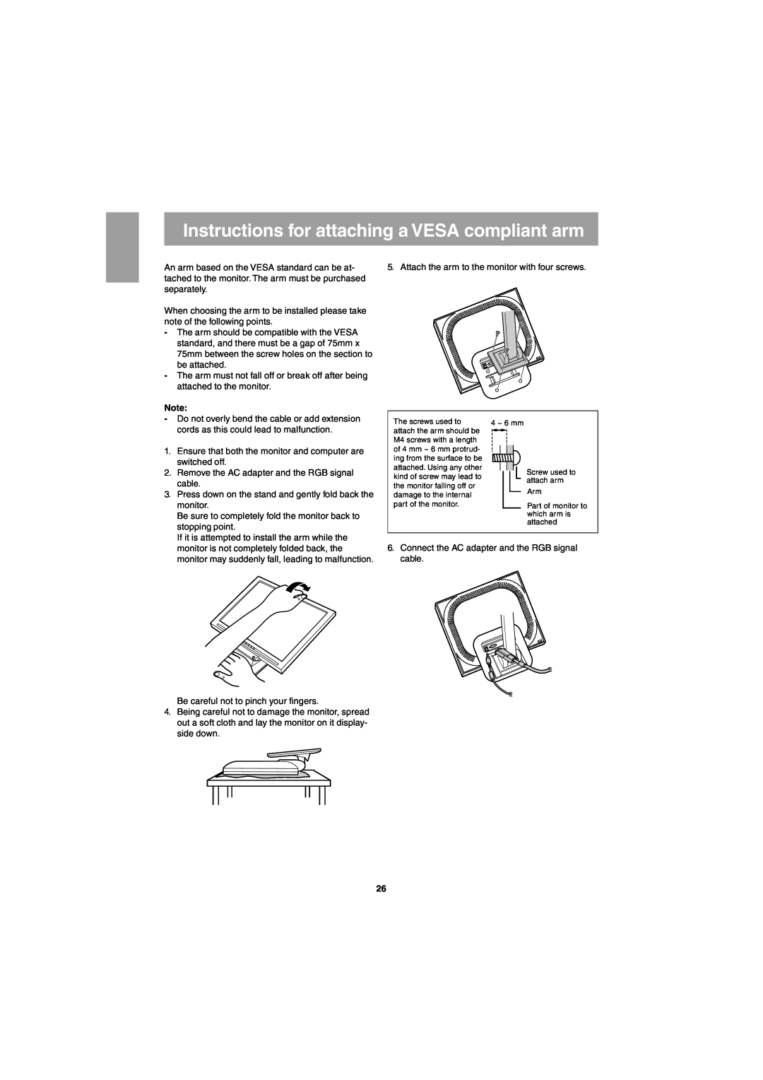Sharp LL-T15G1, LL-E15G1 Instructions for attaching a VESA compliant arm, 4 ~ 6 mm Screw used to attach arm Arm 