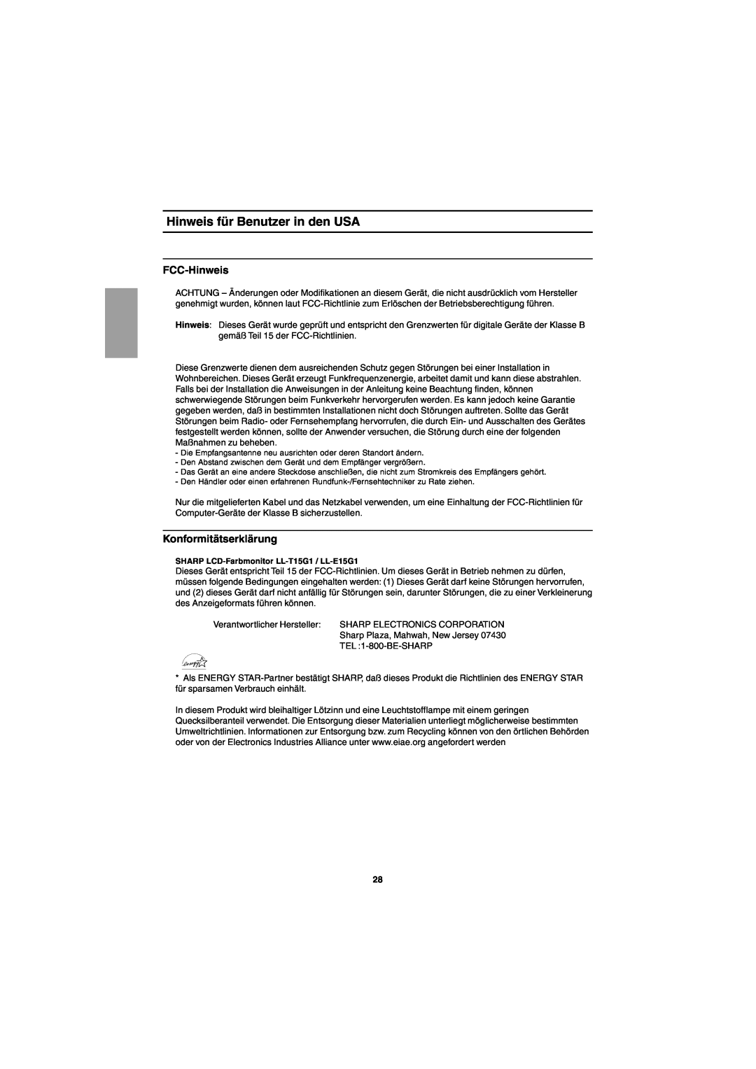 Sharp LL-T15G1, LL-E15G1 operation manual Hinweis für Benutzer in den USA, FCC-Hinweis, Konformitätserklärung 