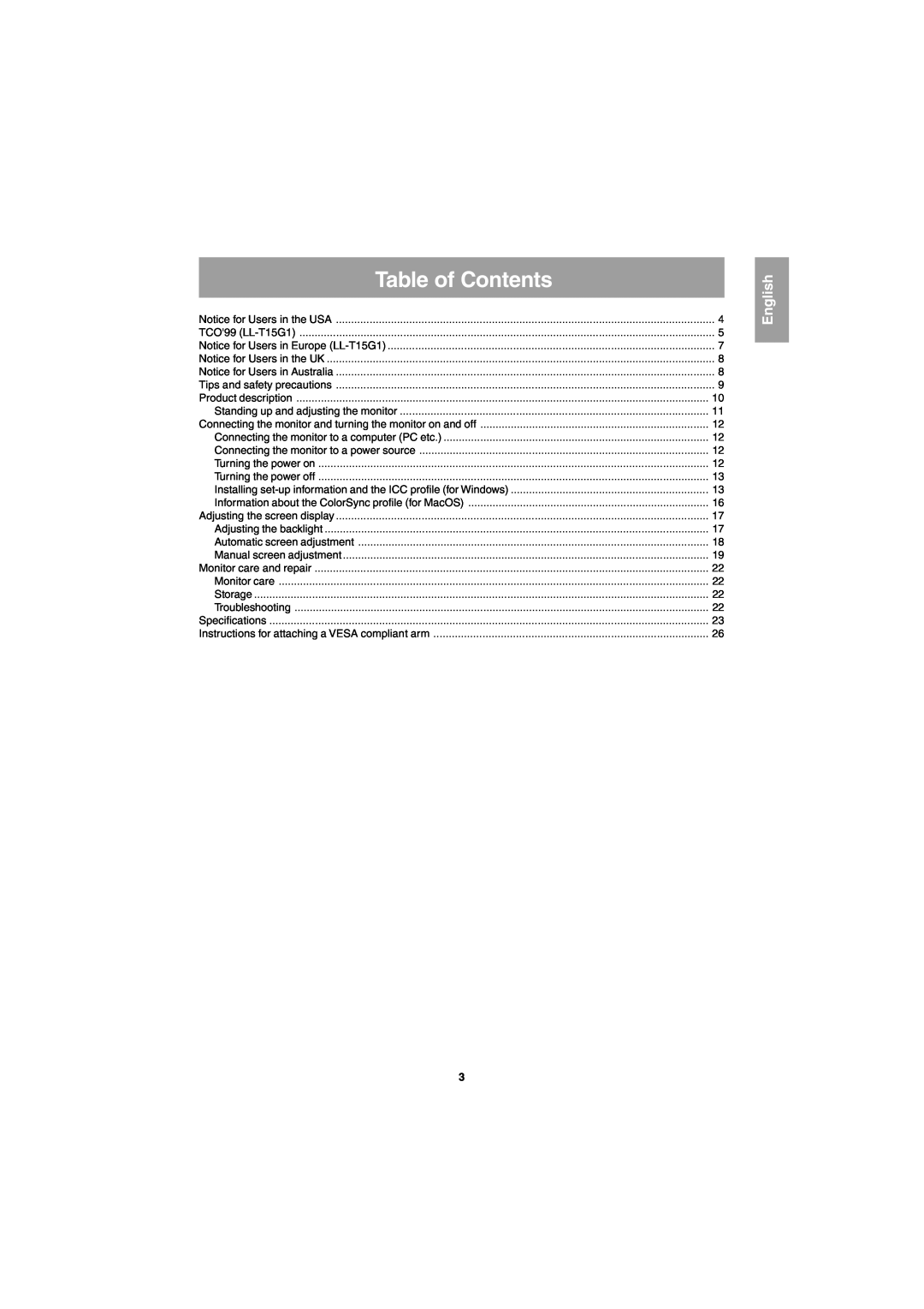 Sharp LL-E15G1, LL-T15G1 operation manual Table of Contents, English 
