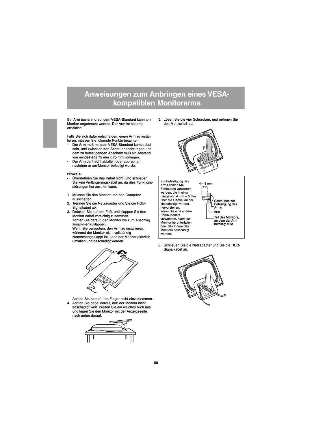 Sharp LL-T15G1, LL-E15G1 operation manual Anweisungen zum Anbringen eines VESA kompatiblen Monitorarms, Hinweis 