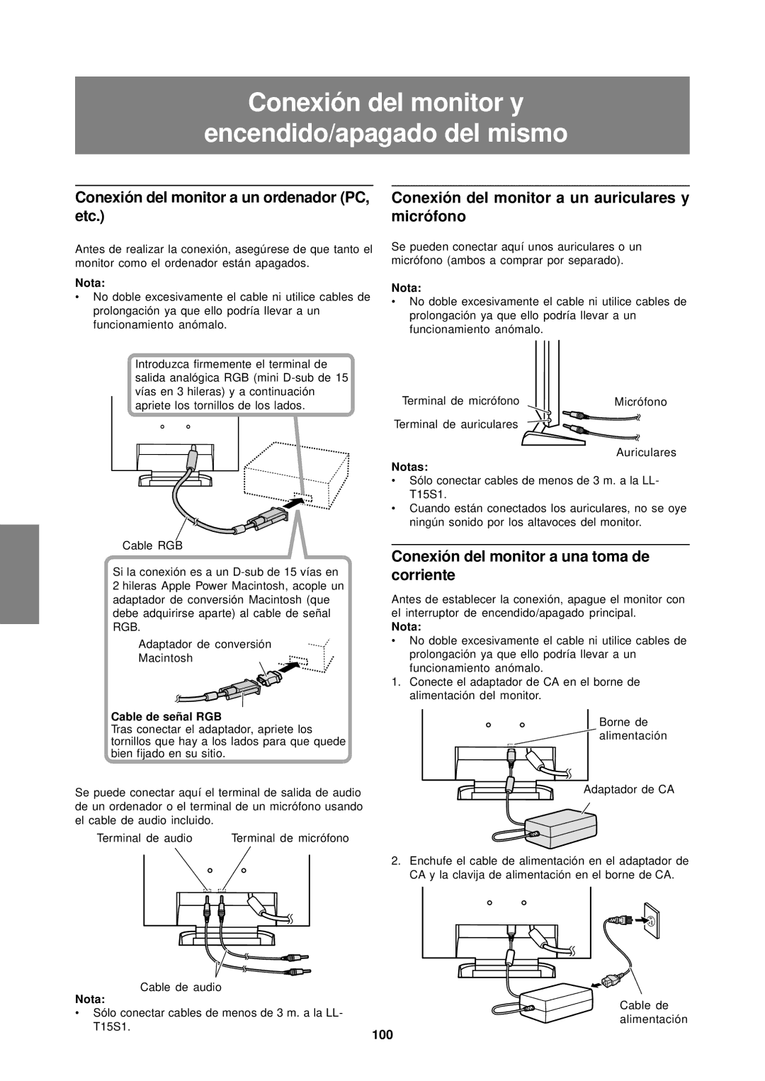Sharp LL-T15S1 Conexión del monitor a un ordenador PC, etc, Conexión del monitor a un auriculares y micrófono, 100 