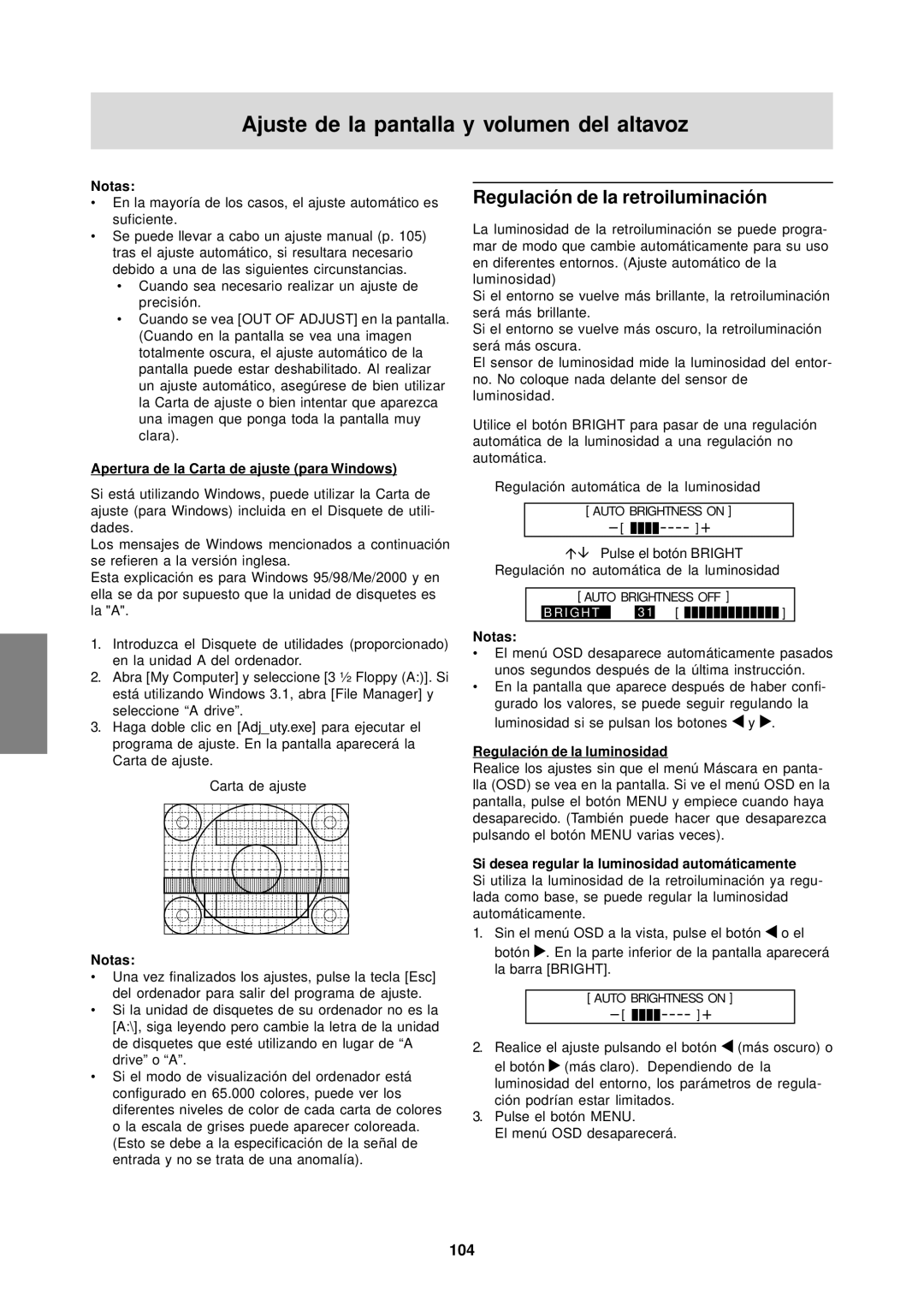 Sharp LL-T15S1 operation manual Ajuste de la pantalla y volumen del altavoz, Regulación de la retroiluminación, 104 