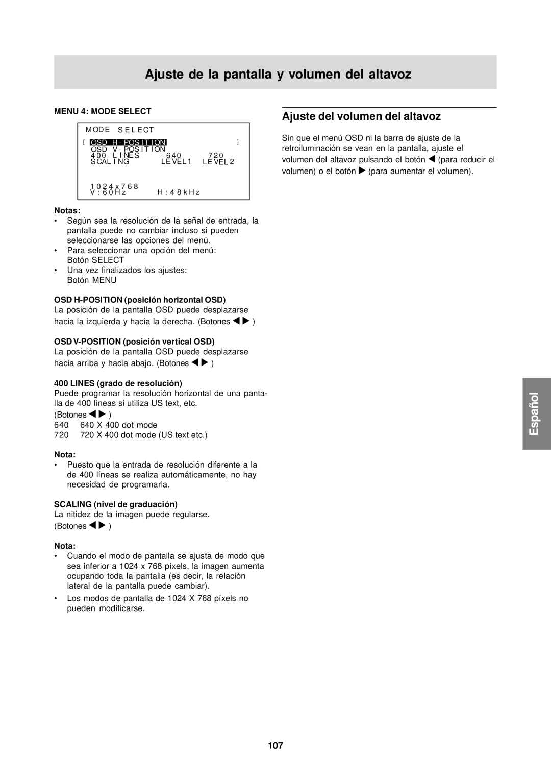 Sharp LL-T15S1 operation manual Ajuste del volumen del altavoz, 107 