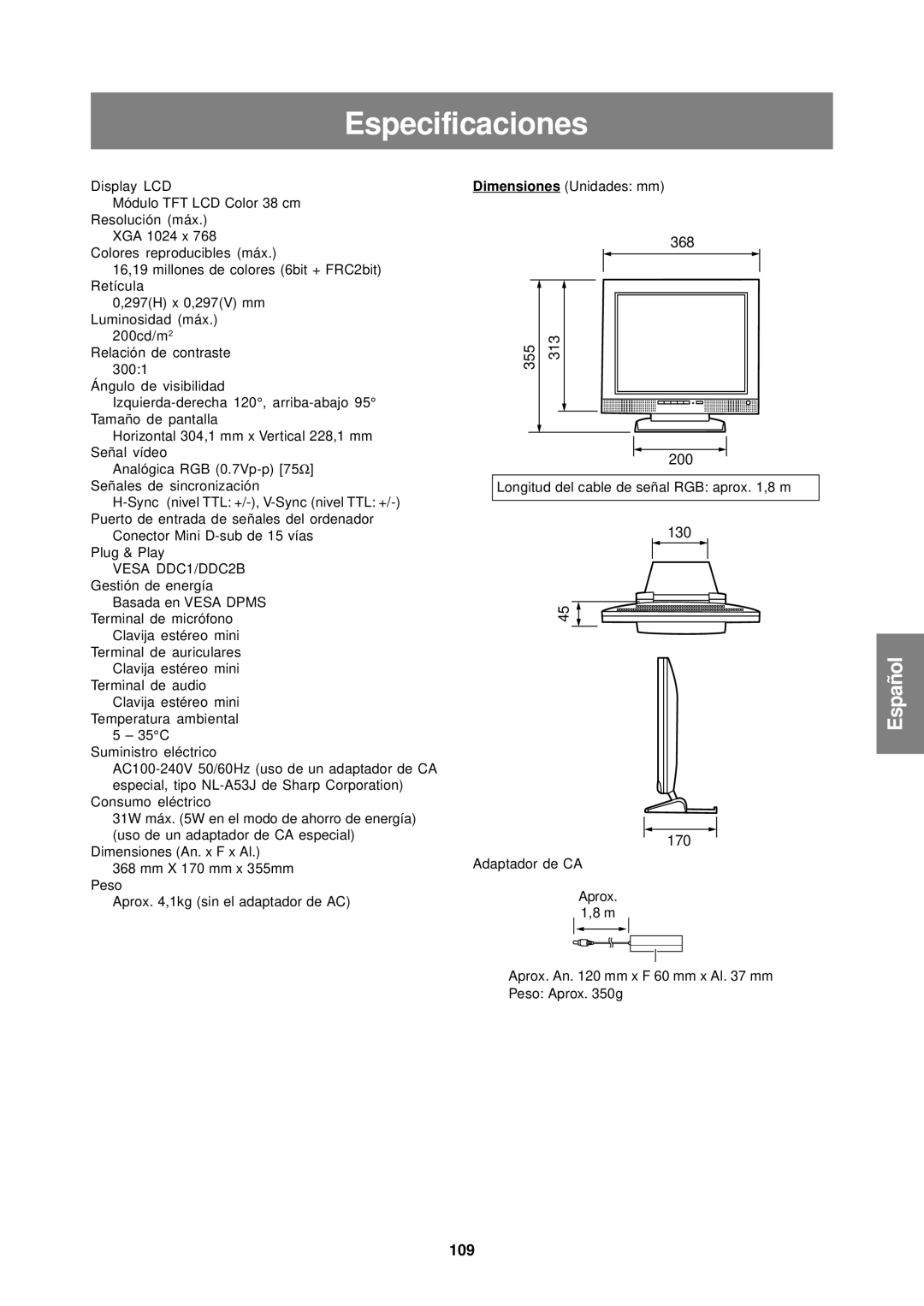 Sharp LL-T15S1 operation manual Especificaciones, 109 
