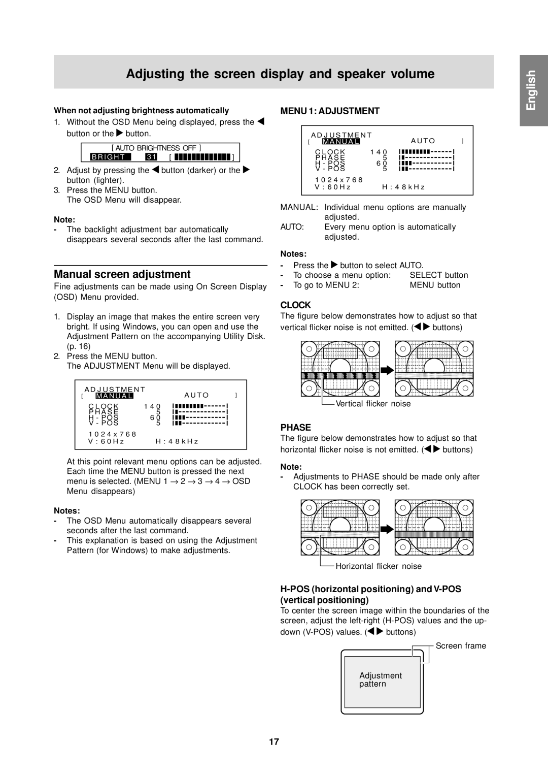 Sharp LL-T15S1 operation manual Manual screen adjustment, POS horizontal positioning and V-POS vertical positioning 