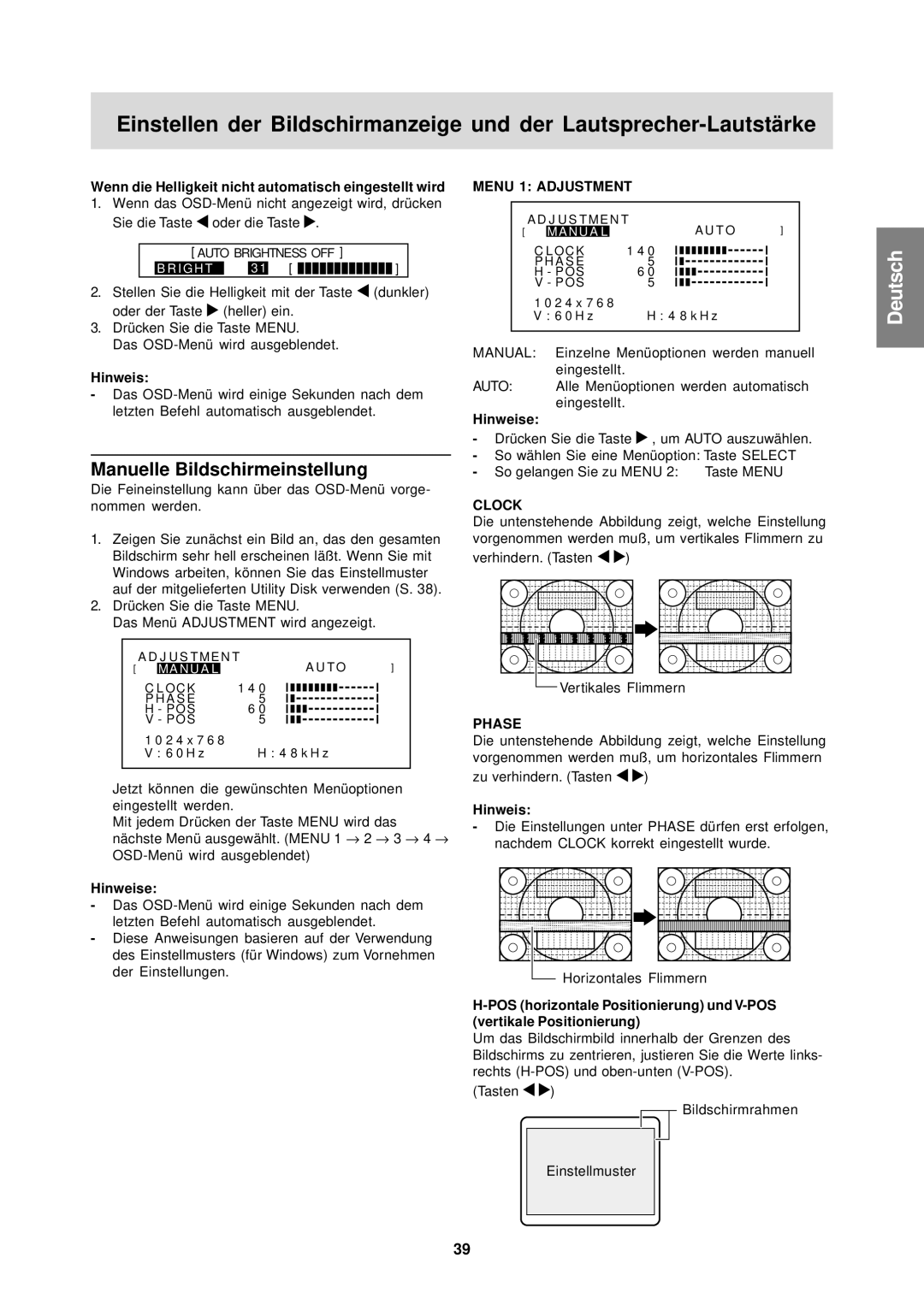 Sharp LL-T15S1 operation manual Manuelle Bildschirmeinstellung, Wenn die Helligkeit nicht automatisch eingestellt wird 