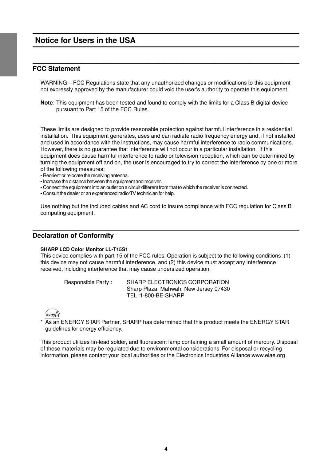 Sharp operation manual FCC Statement, Declaration of Conformity, Sharp LCD Color Monitor LL-T15S1 