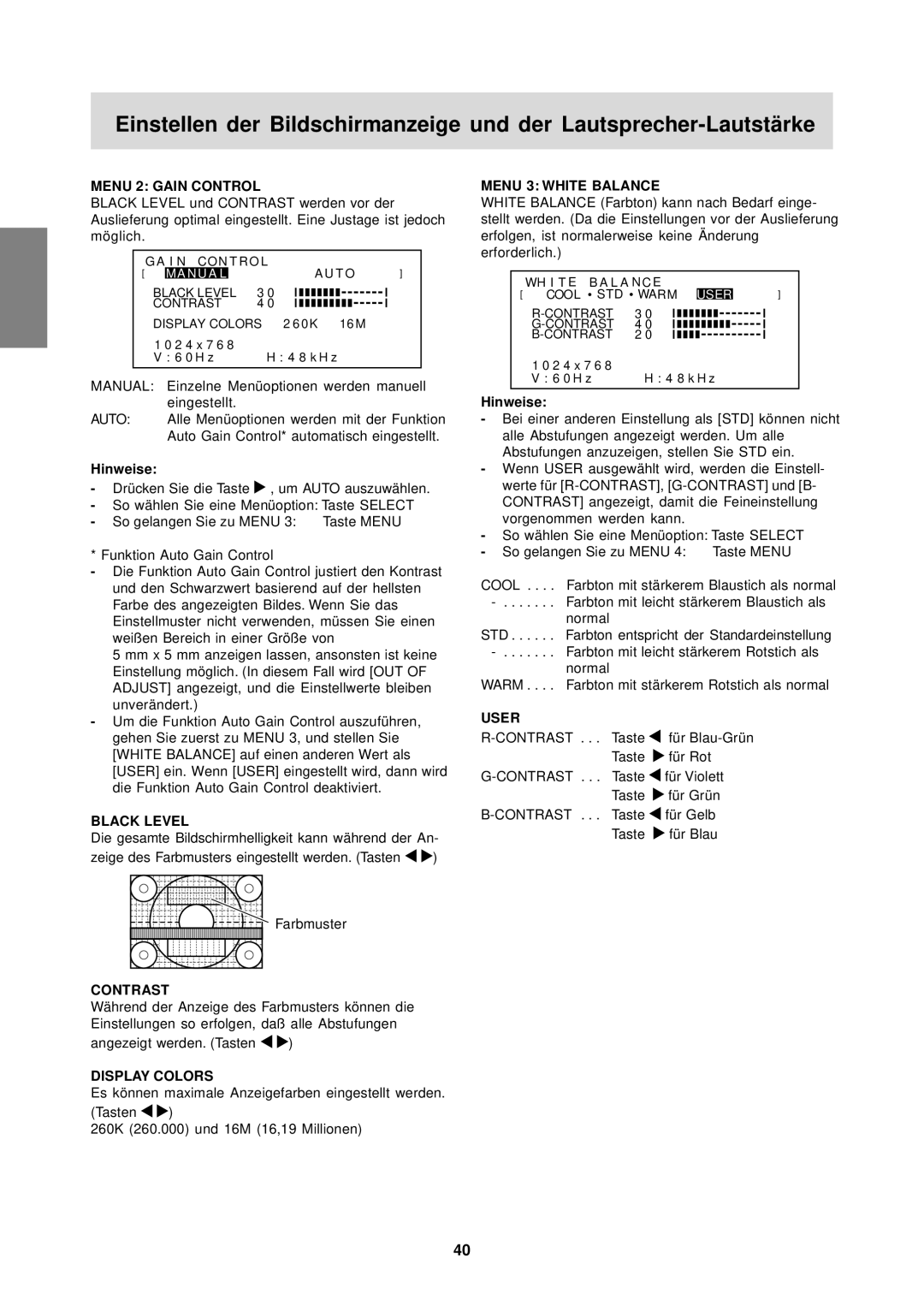 Sharp LL-T15S1 operation manual Menu 2 Gain Control 