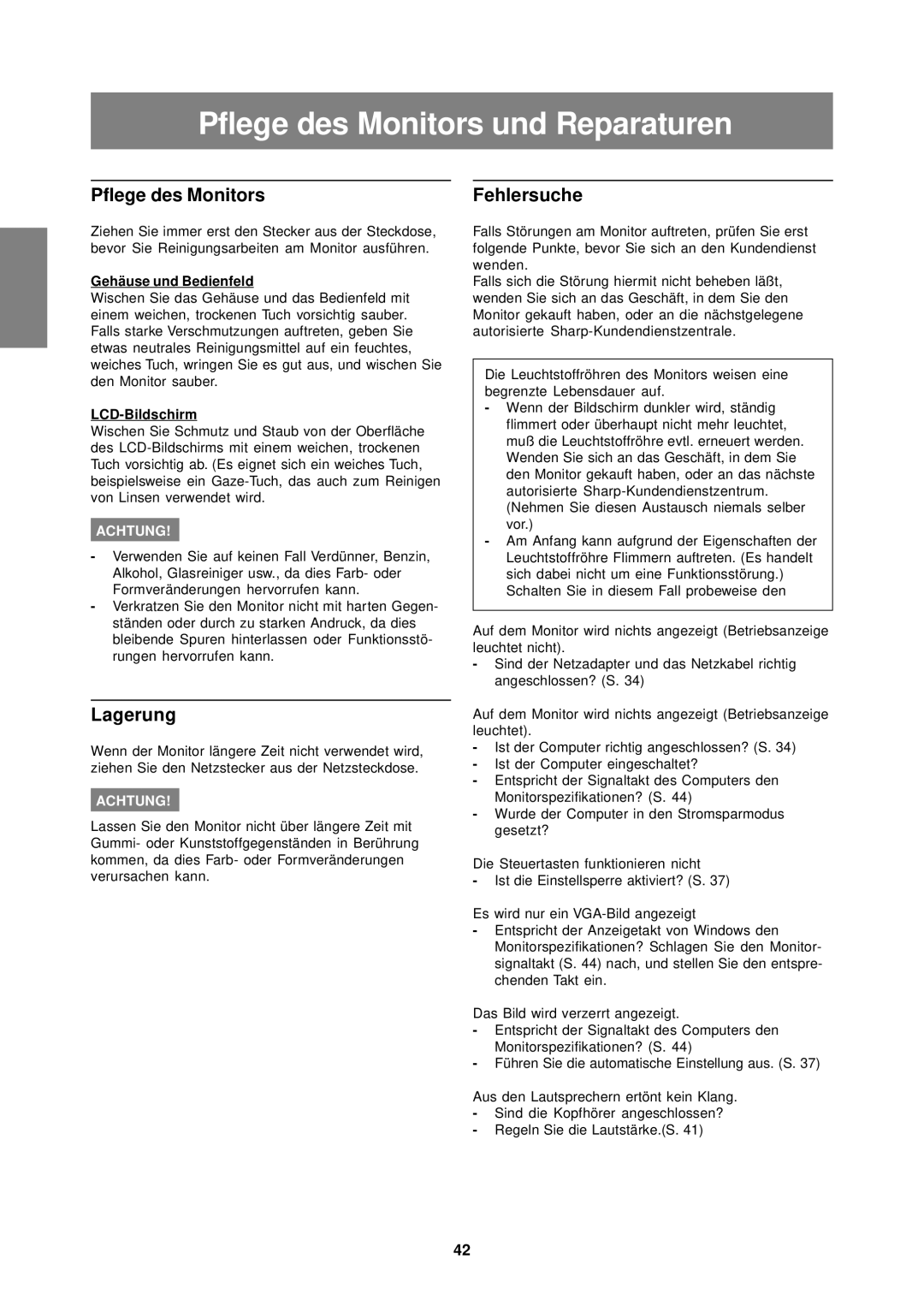 Sharp LL-T15S1 operation manual Pflege des Monitors und Reparaturen, Lagerung, Fehlersuche 