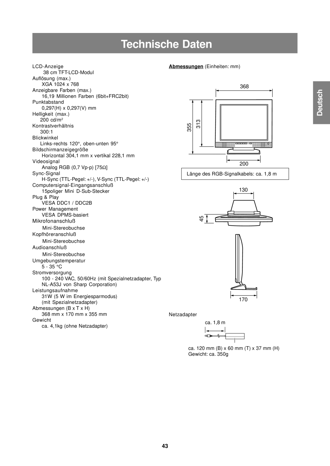 Sharp LL-T15S1 operation manual Technische Daten 