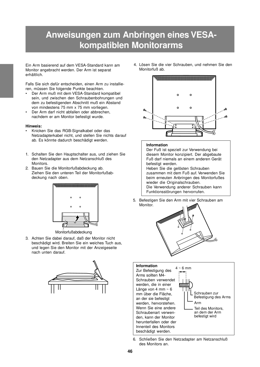 Sharp LL-T15S1 operation manual Anweisungen zum Anbringen eines Vesa Kompatiblen Monitorarms 