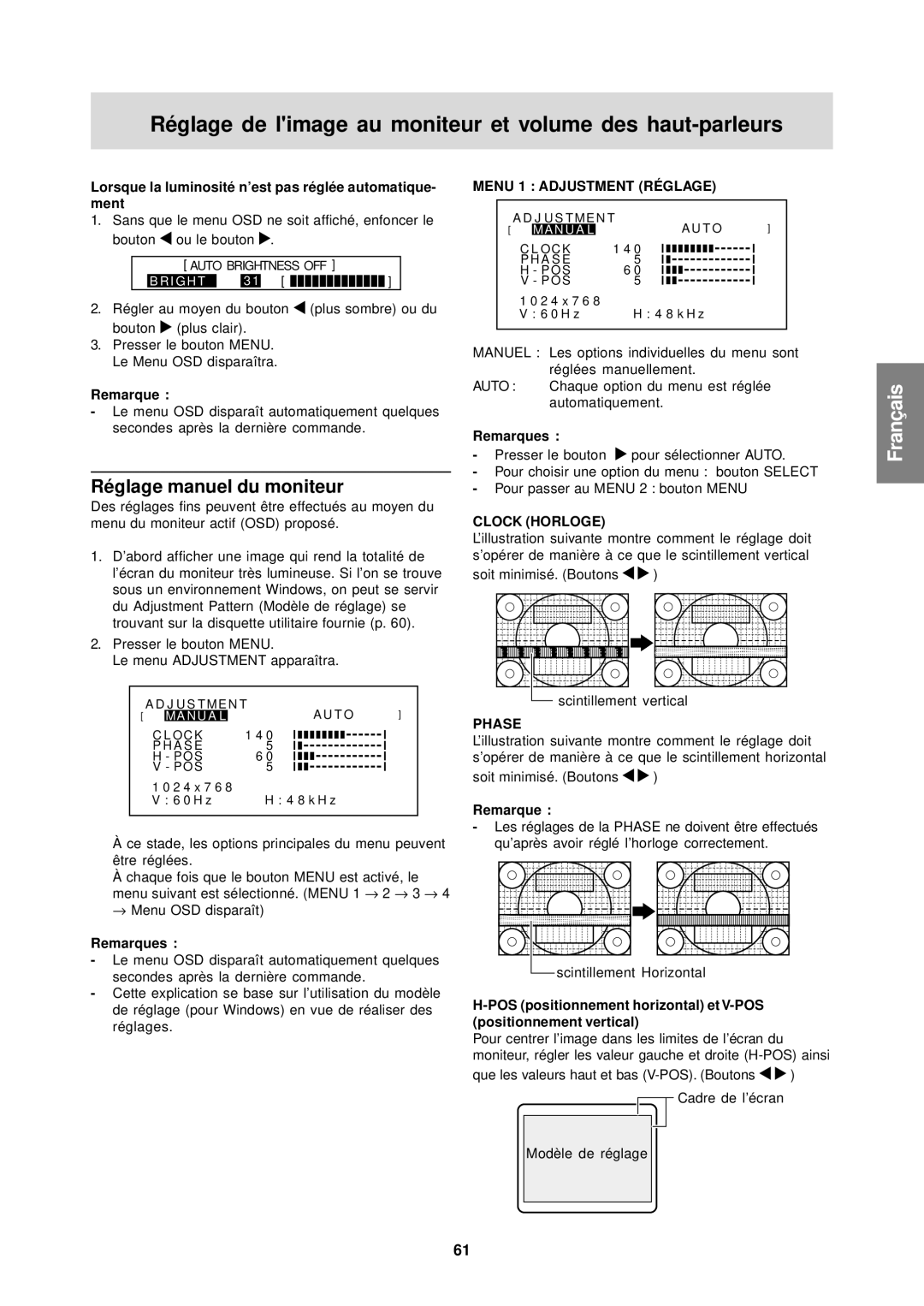 Sharp LL-T15S1 operation manual Réglage manuel du moniteur, Lorsque la luminosité n’est pas réglée automatique, Ment 