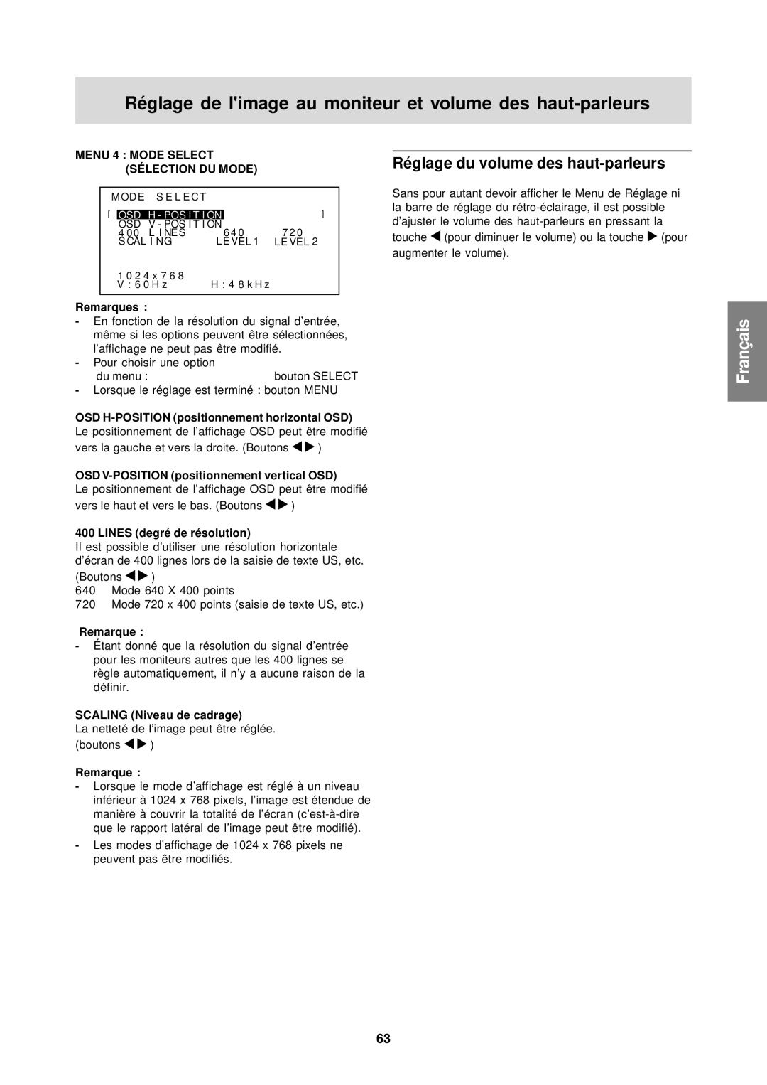 Sharp LL-T15S1 Réglage du volume des haut-parleurs, OSD V-POSITION positionnement vertical OSD, Lines degré de résolution 