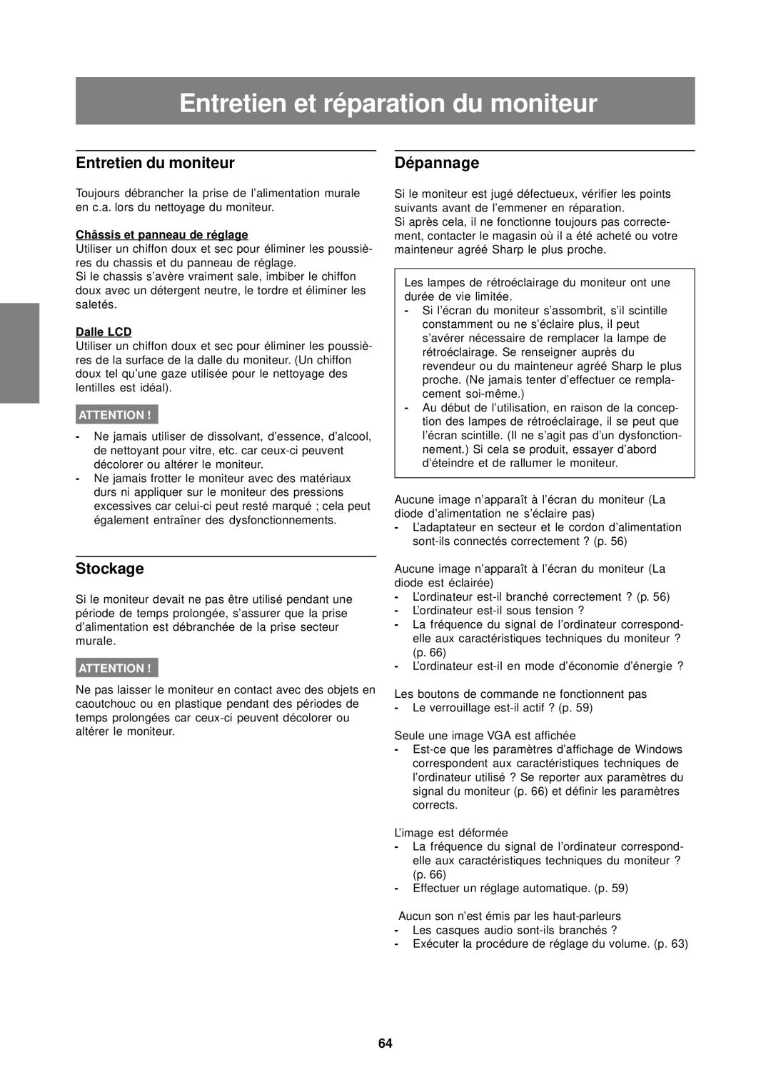 Sharp LL-T15S1 operation manual Entretien et réparation du moniteur, Entretien du moniteur, Stockage, Dépannage 