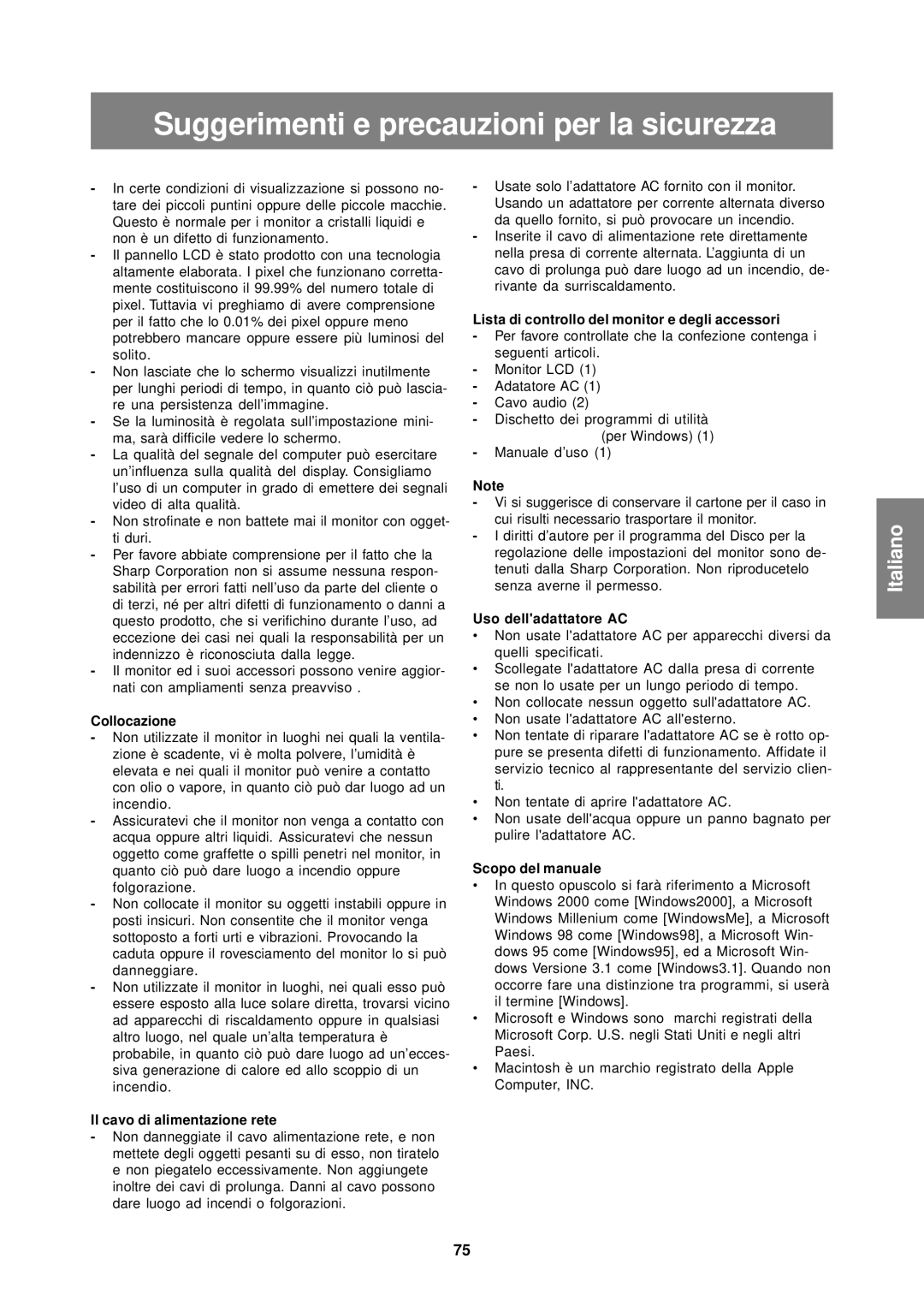 Sharp LL-T15S1 operation manual Suggerimenti e precauzioni per la sicurezza 