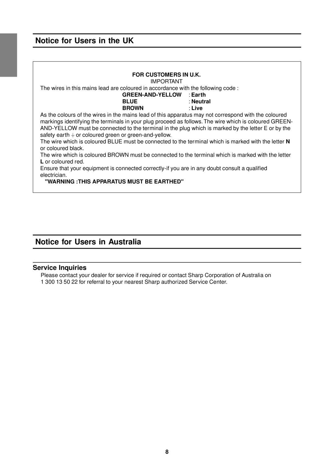 Sharp LL-T15S1 operation manual Service Inquiries, GREEN-AND-YELLOW Earth, Neutral, Live 