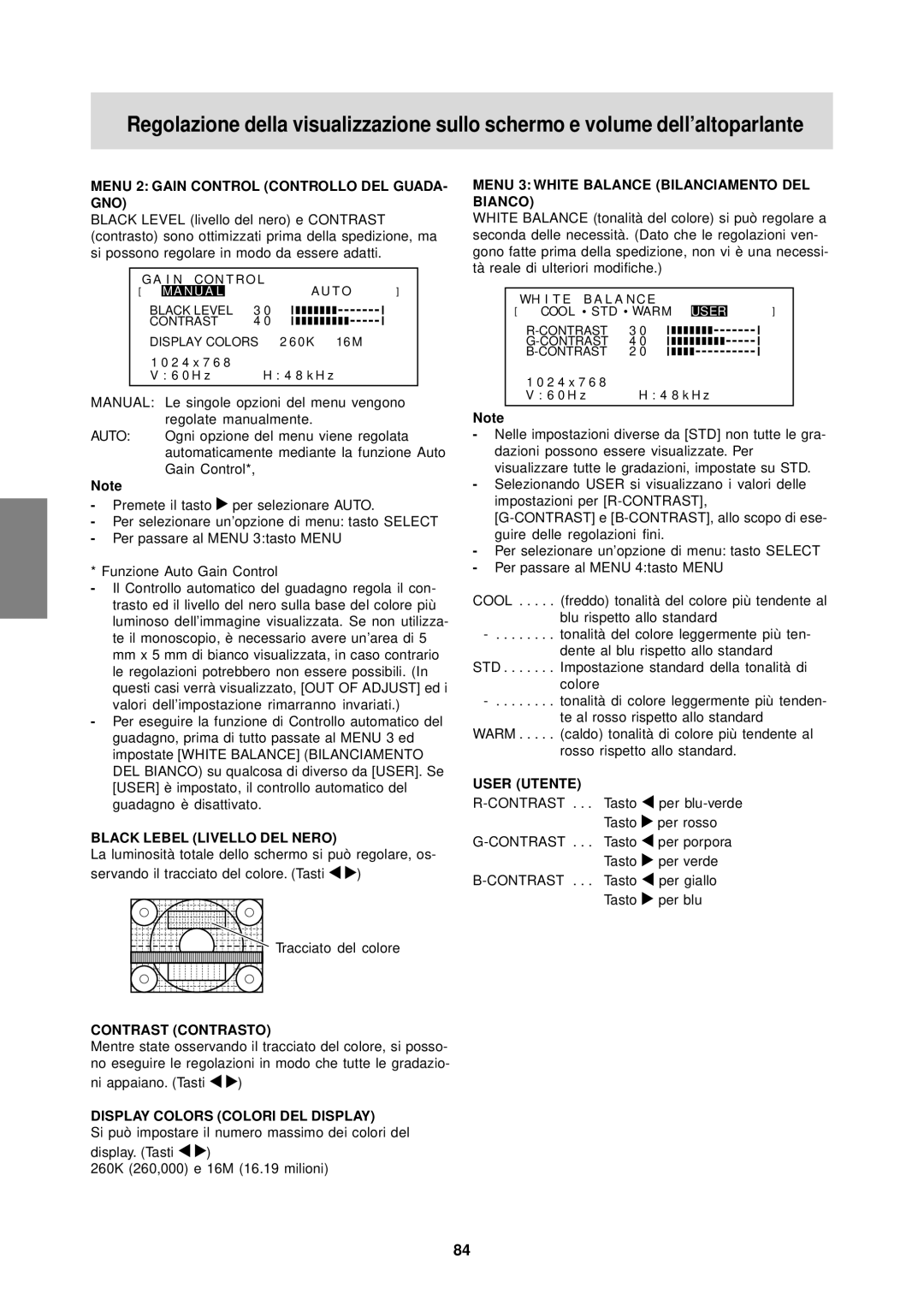 Sharp LL-T15S1 operation manual Menu 2 Gain Control Controllo DEL GUADA- GNO 