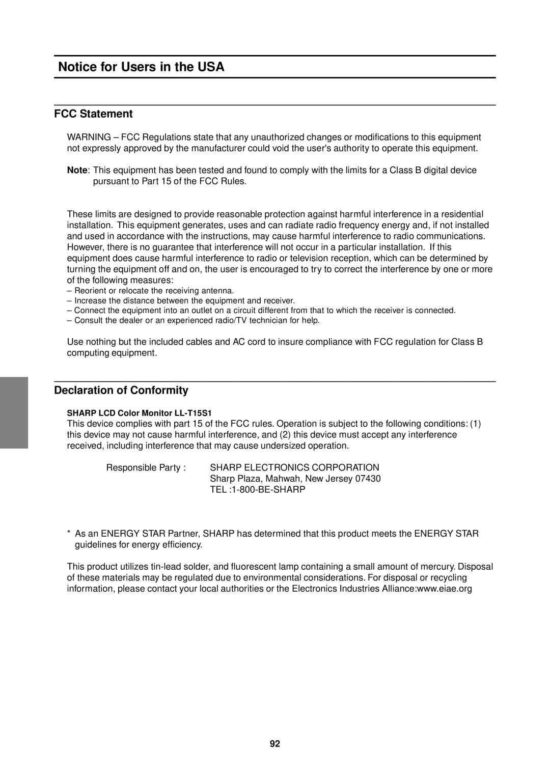 Sharp LL-T15S1 operation manual FCC Statement 